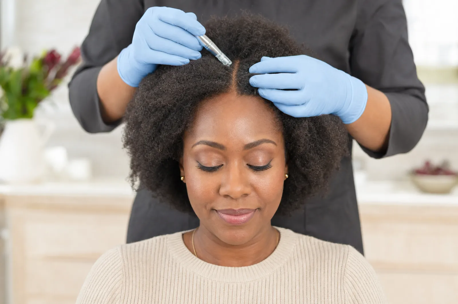 Scalp treatment prepared in clinic for hair thinning concerns.