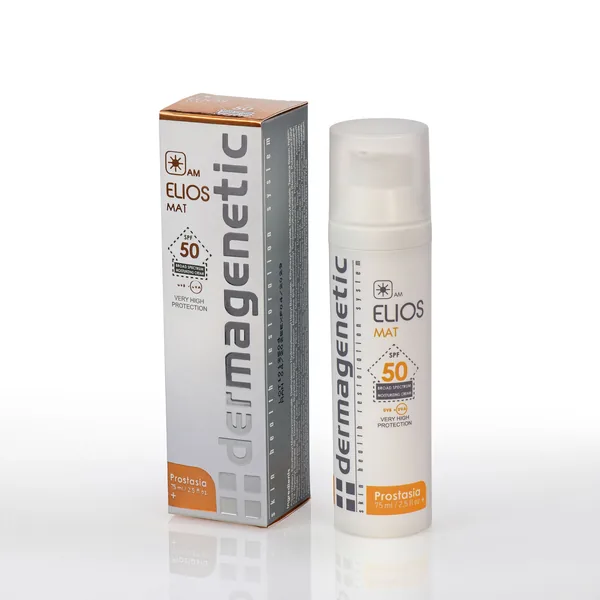 Dermagenetic Elios SPF Mat 50 box with its 75 ml pump bottle.