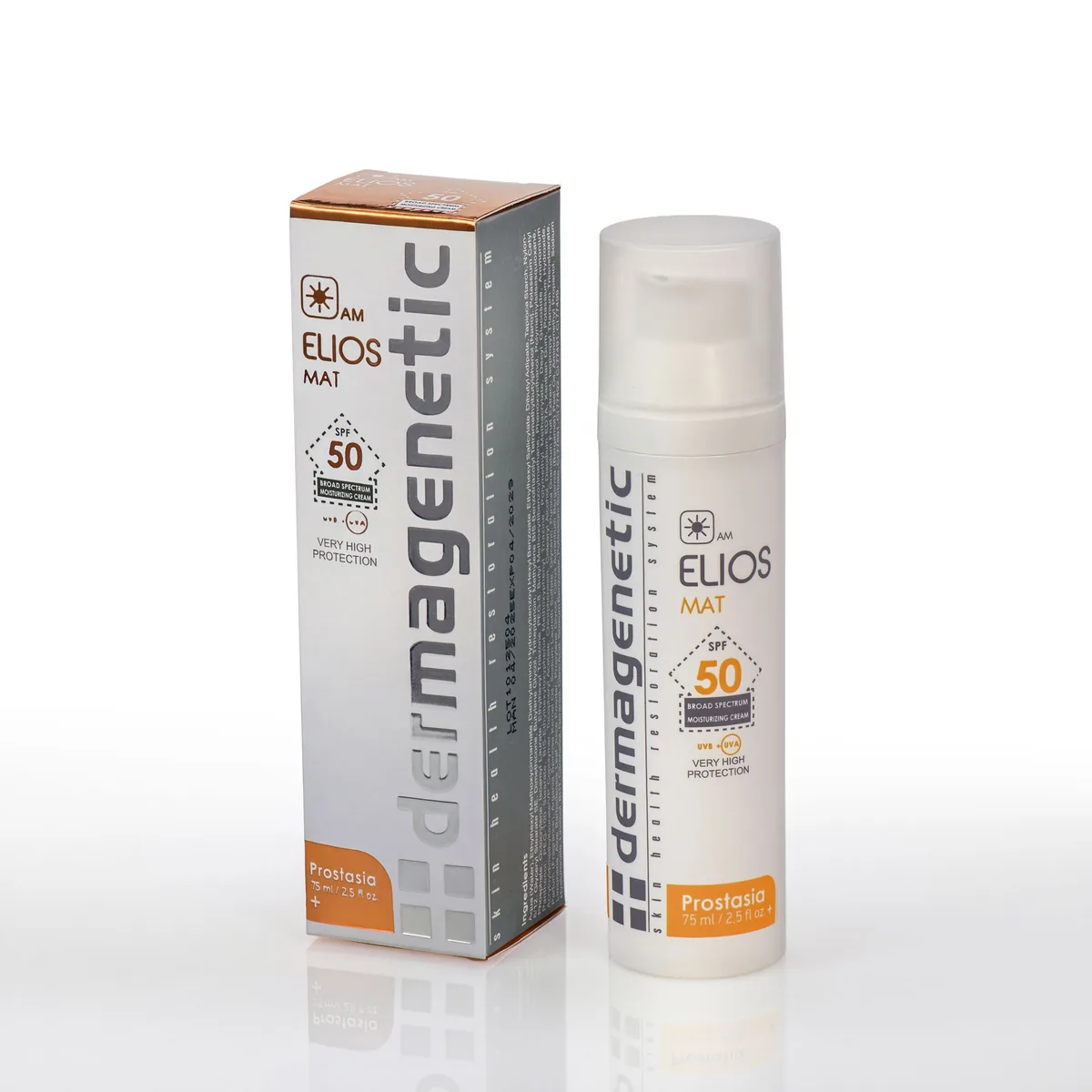 Dermagenetic Elios SPF Mat 50 box with its 75 ml pump bottle.
