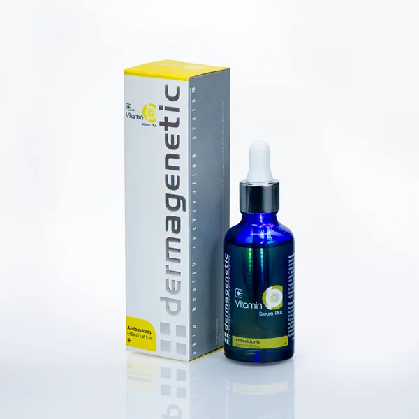 Dermagenetic Vitamin C Serum Plus A.M. box with its blue dropper bottle.